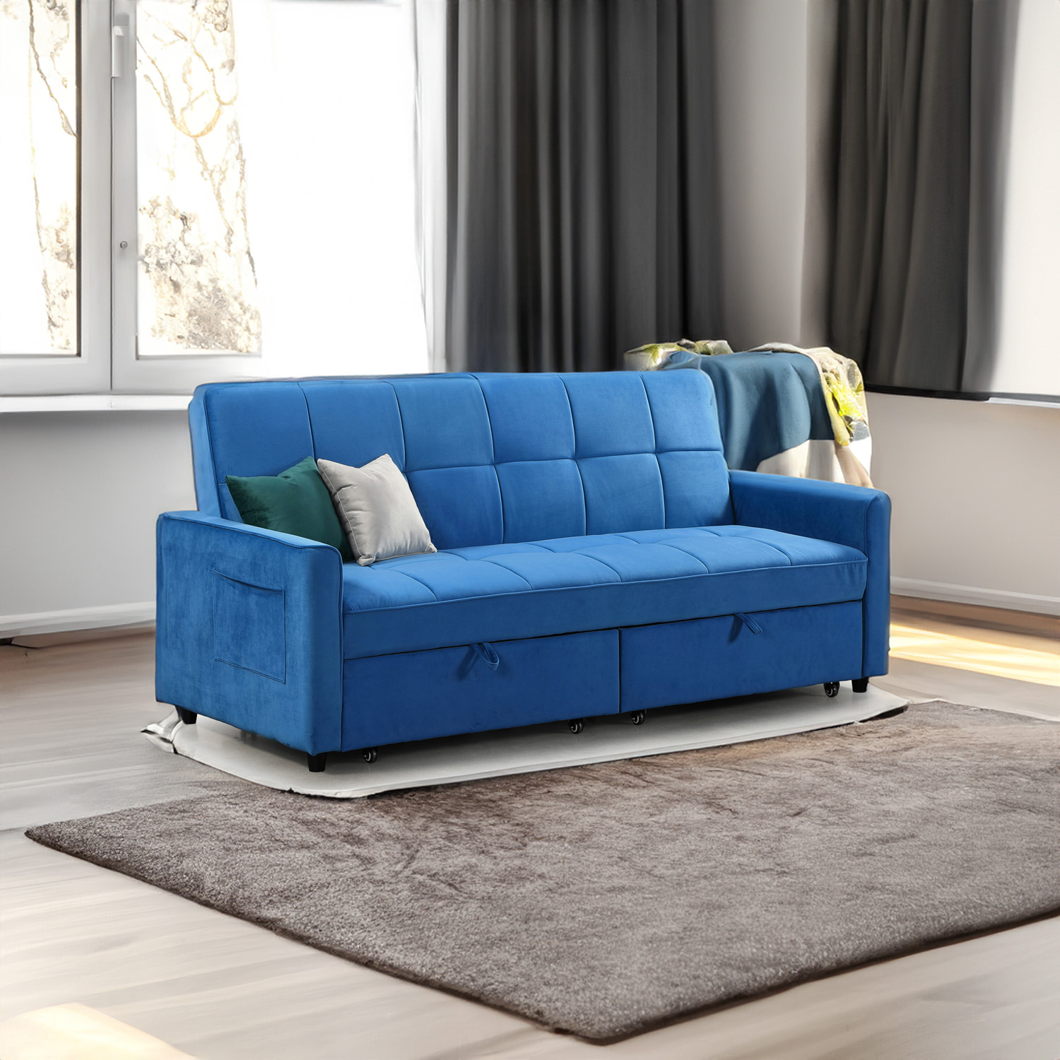 Elegance Sofabed Plush Blue 3 Seater square background